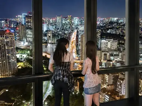 メインデッキの窓から広がる東京の夜景を並んで見下ろす2人の女性の後ろ姿