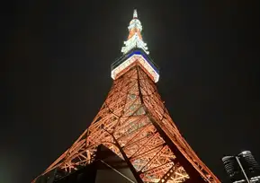 空にライトアップされた東京タワーを、下から見上げた迫力のある写真。タワーは暖かみのあるオレンジ色の光に包まれ、複雑な鉄骨構造が強調されている。