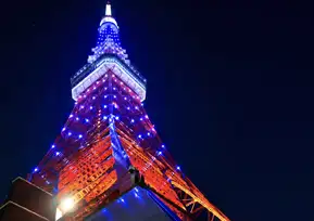 深夜の暗い空を背景に、赤と青の鮮やかなLEDでライトアップされた塔を、真下から見上げた写真。赤い鉄骨が青い光の点によって美しく装飾されている。